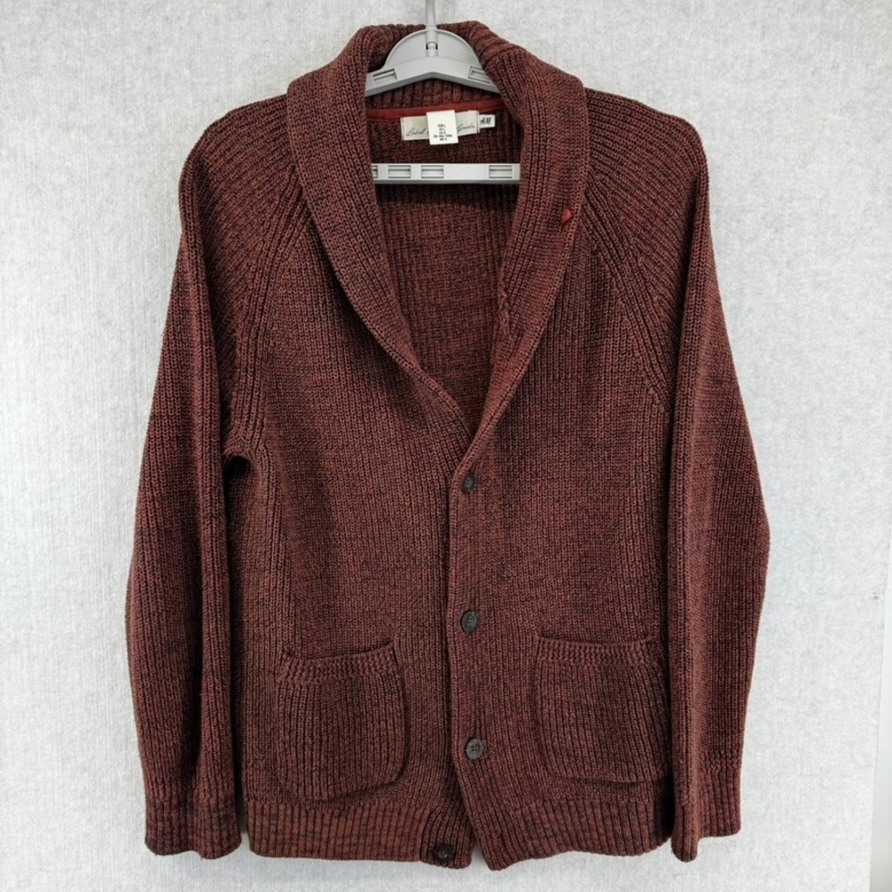Mens Large Shawl Collar Cardigan Sweater Rust Orange Marled Knit H&M LOGG